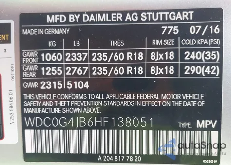 2017 Mercedes-Benz Glc 300 from USA, damaged, VIN WDC0G4JB6HF138051